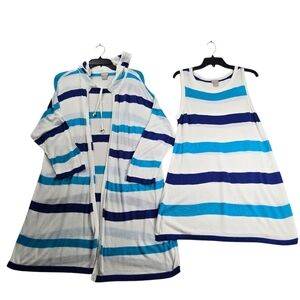 Chico's Twinset XL Hooded Cardigan L‎ Tunic Top White Blue Striped Stretchy